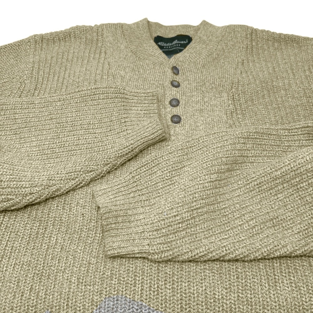 EDDIE BAUER Heritage Vintage Henley Sweater‎ Beige 100% Cotton Chunky Knit 2XL - Picture 4 of 9